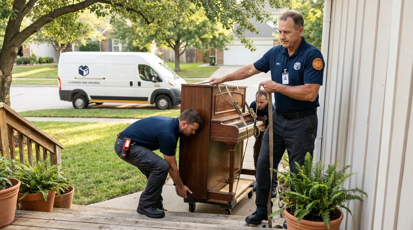 Licensed piano movers securing grand piano in Lewisburg, OH