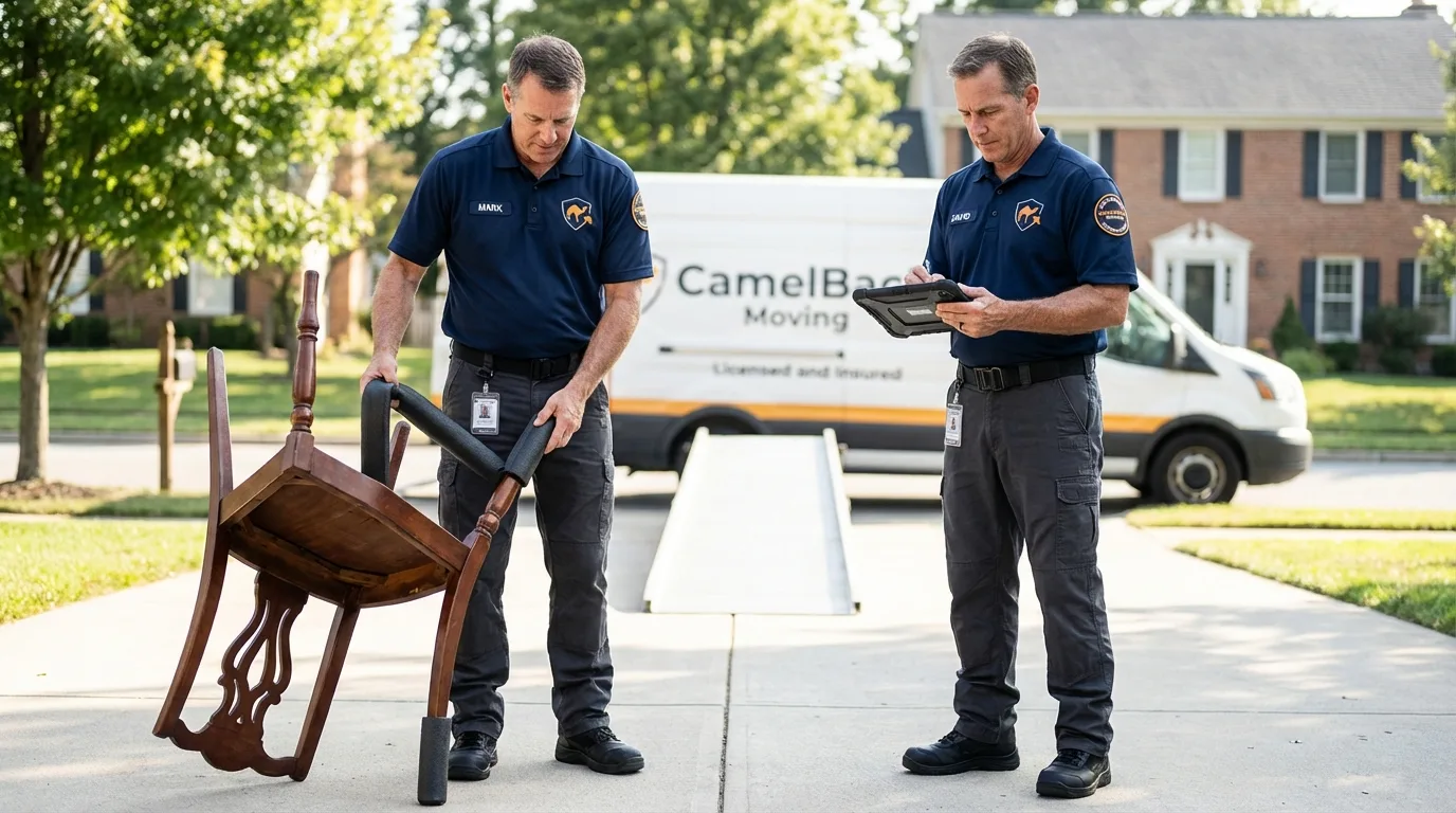 Movers inspecting furniture for damage prevention before loading in Lewisburg, OH