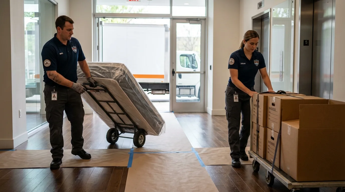Professional apartment movers loading elevator in Lewisburg, OH