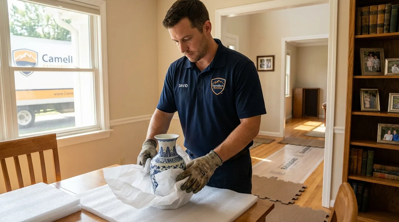 Professional crew carefully wrapping antique vase for senior downsizing move in Lewisburg, OH